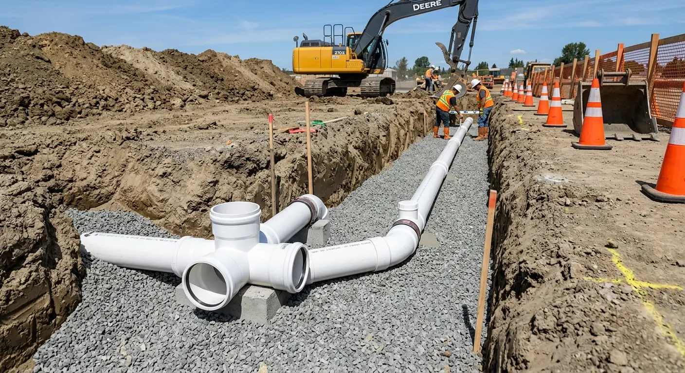 New PVC sewer pipe installation in open trench for Grease Trap Cleaning in Kennewick