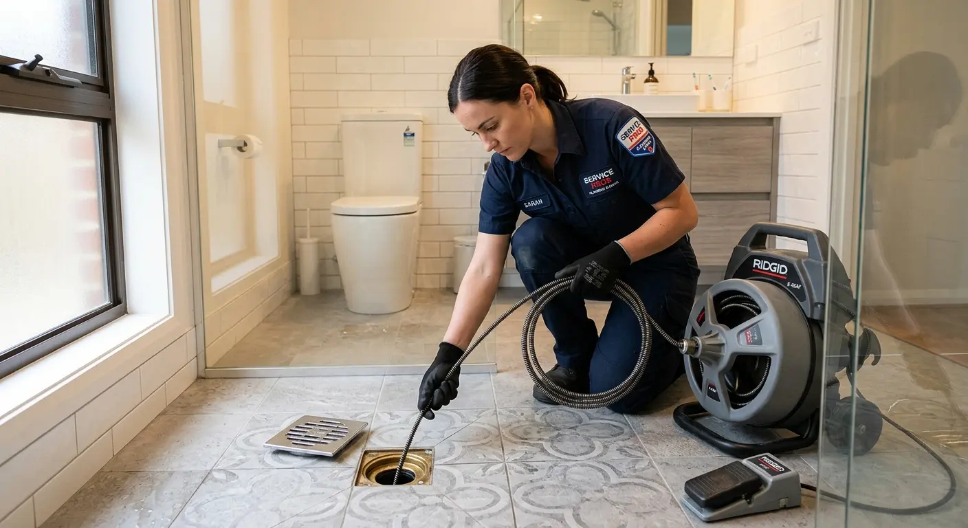 Technician clearing a bathroom floor drain for Drain Repair in Kennewick